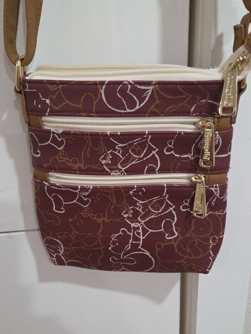 Disney Maroon Winnie The Pooh Loungefly Crossbody Bag with Tan Accents